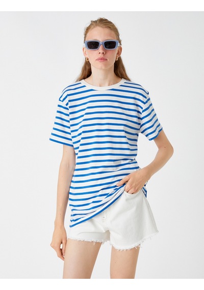Koton Oversize Basic Tişört Mavi Çizgili 2spk10001uk Mavi