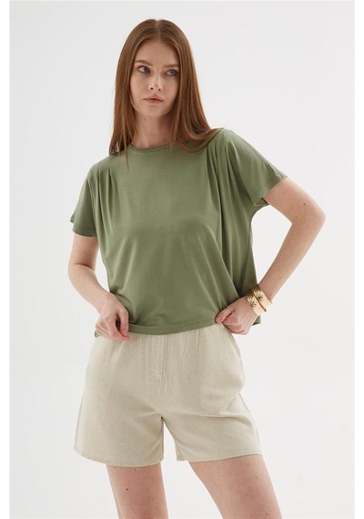 Dökümlü Viskon Crop Bluz Haki Haki