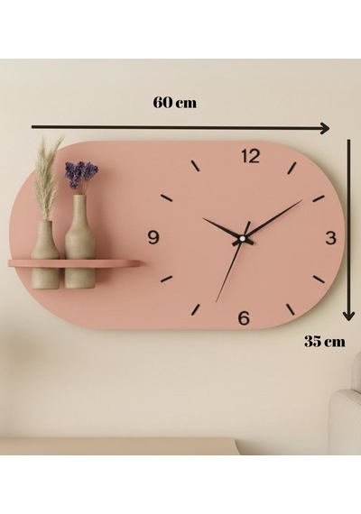 Modern Tasarım Raflı Nera Duvar Saati 60x35 Somon