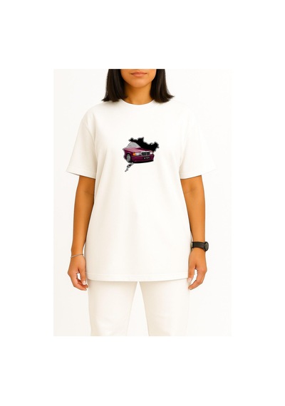 Bahriyeli Collection Oversize Mercedes W124 Classic Araba Göğüs Baskılı Unisex T-shirt Beyaz