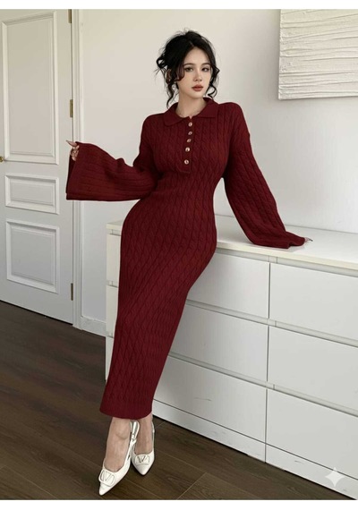 Sayzen Your Shine Gömlek Yaka Düğmeli Saç Örgülü Triko Elbise Sy-2515 Bordo