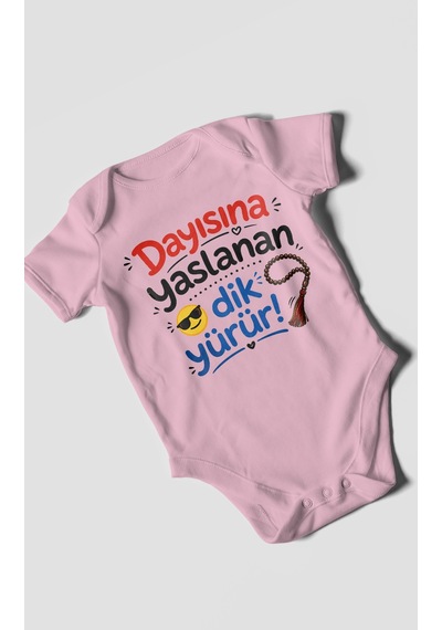 Morivokids Dayısına Yaslanan Dik Yürür Kısa Kollu Bebek Body %100 Pamuk Koyu Pembe