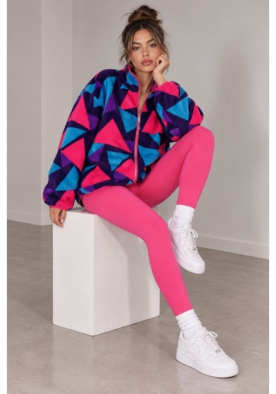 Vadon 1061 Kadın 80'ler Retro Geometrik Desenli Yandan Cepli Fermuarlı Polar Sweatshirt Mor