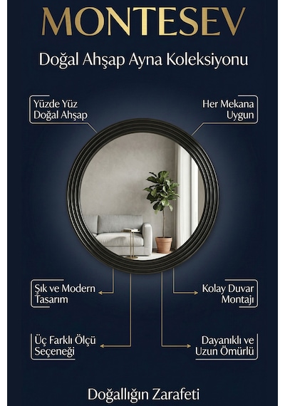 Zümrüt Ahşap Siyah Yuvarlak Ayna Işlemeli Duvar Banyo Aynası 69cm Siyah