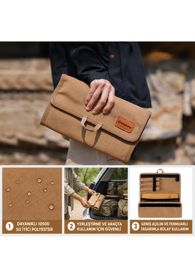 Kingcamp Roam Light Bambu Kesme Tahtası Ve Mutfak Ekipmanları Çantası Haki