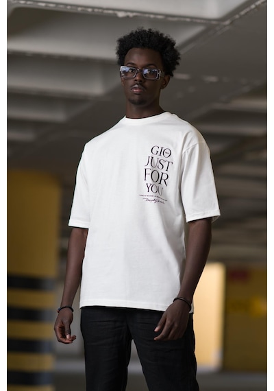 Bisiklet Yaka Lu Baskılı Oversize Geniş Model T-Shirt Beyaz