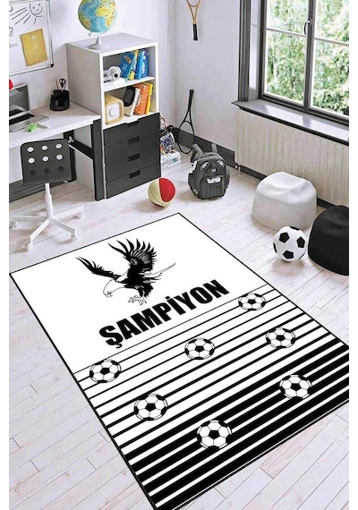 Siyah Ve Beyaz Kaymaz Tabanlı Beşiktaş Taraftar Halısı Ck061n11 Siyah - Beyaz