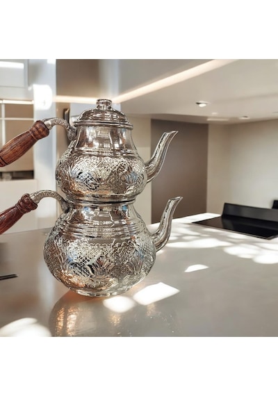 Bakır Çaydanlık & Bakır Demlik Çiçek Desenli Bakır Çaydanlık Büy Gümüş