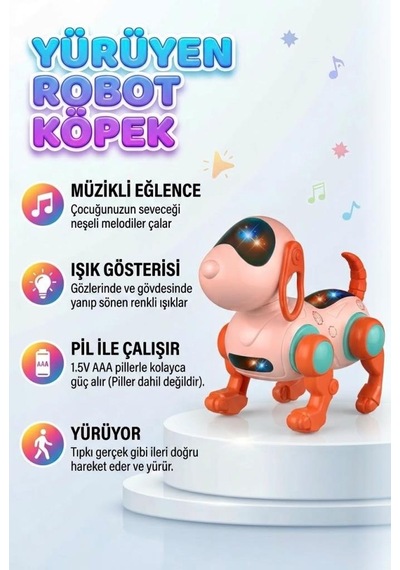 Yürüyen Robot Müzik Ve Işıklı 16 Cm Sallanan Kafalı Gerçekçi Haraketli Eğlenceli Oyuncak Köpek Pembe