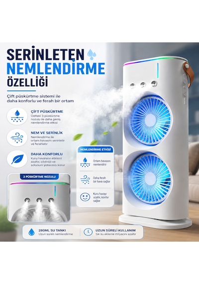 Çift Fanlı Nemlendirmeli Masaüstü Vantilatör Usb Şarjlı 3 Kademeli Hız Ayarlı 360 Dönebilen Fanlı Taşınabilir Hava Serinletici
