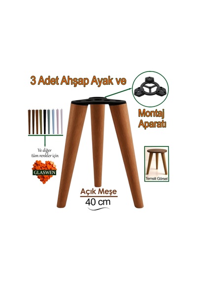 3 Adet Ahşap Ayak 40 Cm Açık Meşe M8 Civatalı Bağlantı Aparatlı Mobilya Tabure Sehpa Masa Destek Ayağı Açık Meşe