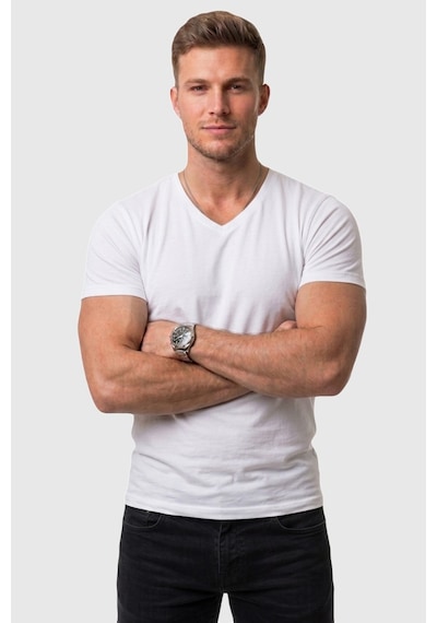 Rizzup Erkek Beyaz Slim Fit %90 Pamuk V Yaka Likralı Yumuşak Dokulu Basic Tişört 1801165