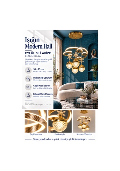 Eylül 5li Büyük Modern Ledli Avize Çizgili 3 Renk Power Ledli Gold Kaplama Yatak Odası Salon Mutfak
