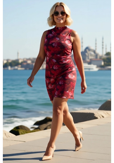 Benerly Kadın Büyük Beden Kolsuz Dik Yaka Çiçek Desenli Tül Örme Mini Elb Çok renkli