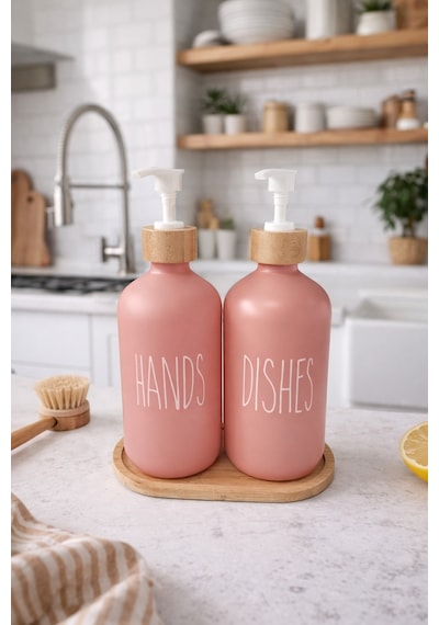 Makri Home Bambu Altlıklı Bambu Kapaklı İkili Cam Sıvı Sabunluk & Deterjanlık Seti 2 500 Ml- 16,5 X 9 X 21 Cm Pudra