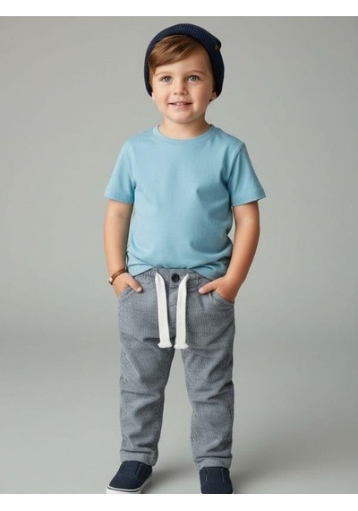 Zekids Erkek Çocuk Çizgili İnce Keten Pantolon-16809 Lacivert