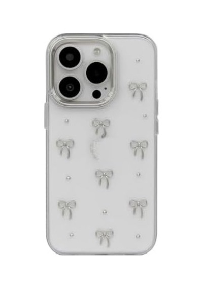 İphone 16 Uyumlu Kılıf Fiyonk Desenli Şeffaf Simli Gümüş Kamera Çıkıntılı Çok Şık Kapak İphone 16 Pro 50 x 22