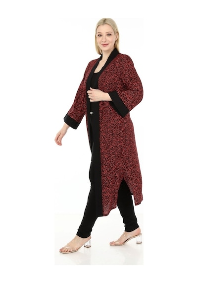 Disentis Kadın Büyük Beden Şal Yaka Kuşaklı Kırmızı Siyah Uzun Kimono