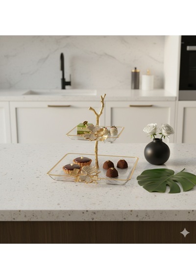 Çnr Home Collection 2 Katkli Döküm Aksesuarli Yaldiz Detayli Kare Servis Tabaği Sunumluk Kurabiyelik Altin