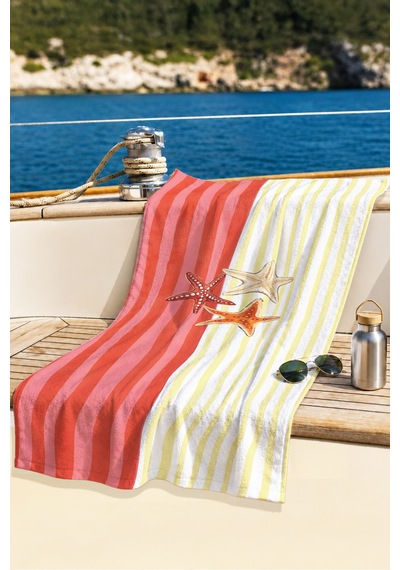 Deniz Yıldızı Çizgili Plaj Havlusu - Marine Modern Mercan Sarı Havuz Hızlı Kuruyan Mikrofiber Havlu Sedef İncisi