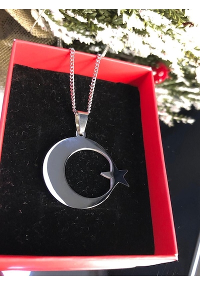 Vog 3.5 Cm Ay Yıldız Türk Bayrağı Sevgiliye Eşe Babaya Arkadaşa Hediye Beyaz Çelik Kolye Beyaz