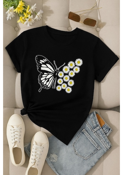 Papatyalı Kelebek Baskılı Unisex Tişört SIYAH