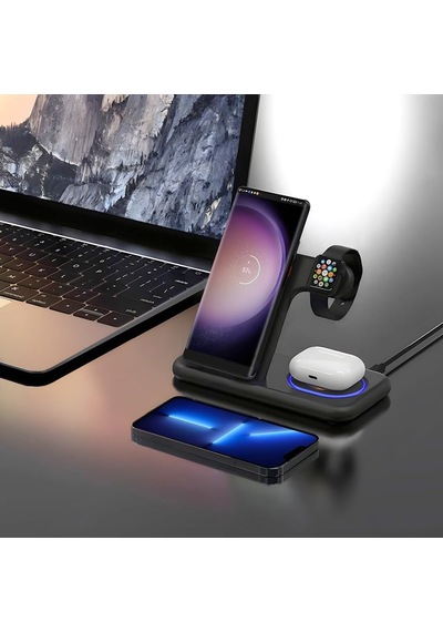 Buff Bl40 5in1 Telefon Watch Kulaklık Tutucu Kablosuz Led Işıklı Hızlı Şarj Standı Çok Renkli