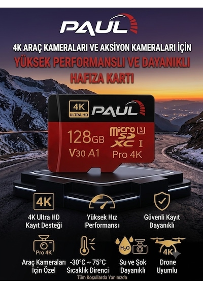 PAUL 128GB Micro SD Hafıza Kartı 4K Ultra HD V30 A1 U3 Yüksek Hızlı MicroSDXC