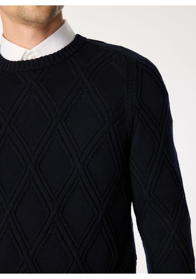 Alpha Studio Lacivert Erkek %100 Yün Slim Fit Kazak Au-7050c Crew Neck