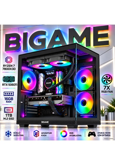 Bigame SAKURA-V7 R7-7800X3D 16 GB 1 TB M2 SSD RTX5060Ti Free Dos Masaüstü Oyuncu Bilgisayarı