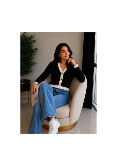 Hira Life Fashion Kadın V Yaka Düğmeli Şeritli Kısa Crop Ceket-hırka Siyah Siyah
