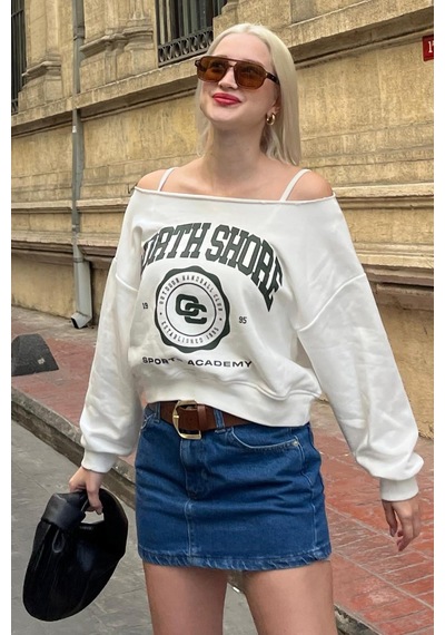 Beyaz Kayık Yaka Baskılı Kadın Sweatshirt Mg2205