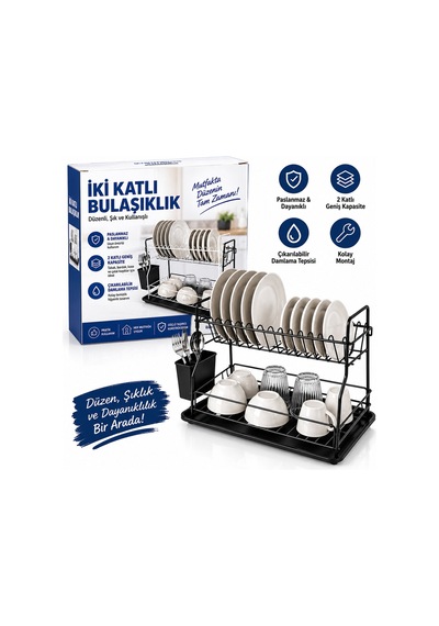 Siyah - Metal 2 Katlı Tabaklık - Bulaşıklık 5671 Çok Renkli Çok Renkli