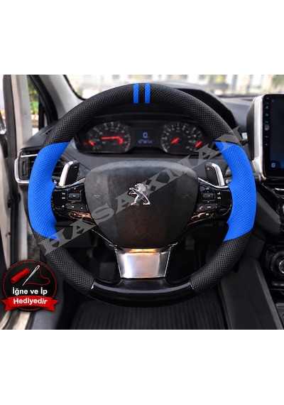 Peugeot 2008 Dikme Direksiyon Kılıfı Delikli Deri Parlak Siyah Mavi Detay Çift Yüzük Ve Dikiş 2019-2023