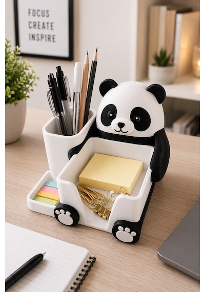 Panda Tasarımlı Masaüstü Organizer Kalemlik Notluk Ofis Çalışma Masası Düzenleyici Siyah Beyaz