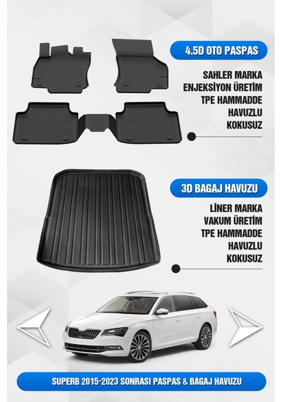 Sahler Skoda Superb 2015-2023 Uyumlu 4.5d Premium Havuzlu Oto Paspas Ve Liner Marka 3d Bagaj Havuzu