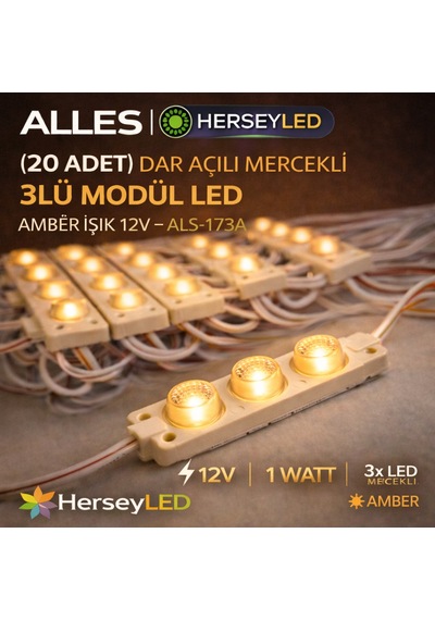 20 Adet Dar Açılı Mercekli 3 Watt Modül Led Amber Işık Als-173g 12v Amber