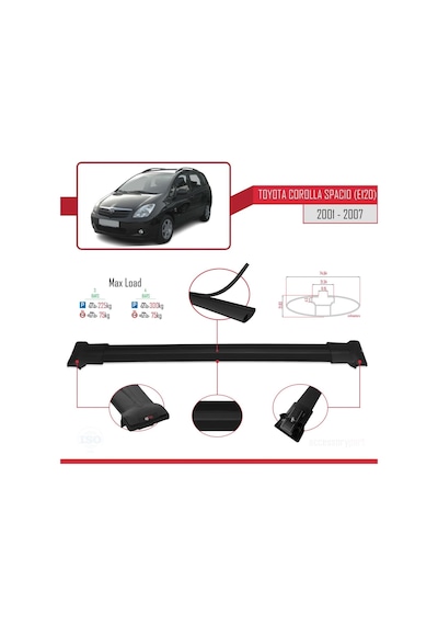 Toyota Corolla Spacio E120 2001-2007 Arası İle Uyumlu Fly Model Ara Atkı Tavan Barı Siyah 3 Adet Bar