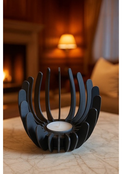 3d Baskı Nilüfer Çiçeği Formlu Mumluk Tealight Mum Tutucu Yapıştırıcısız Geçmeli Dekoratif Mumluk Siyah Çok Renkli