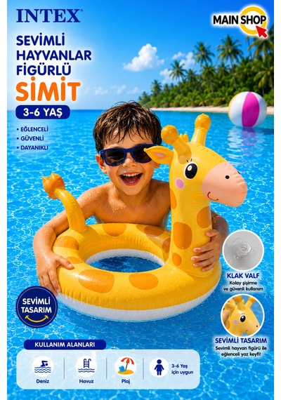 Mainshop Intex Hayvan Figürlü Çocuk Deniz Simidi 3-6 Yaş - Havuz Simidi M-59221