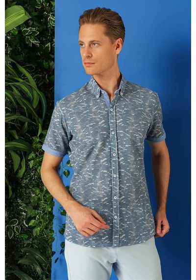 Efor Slim Fit Düğmeli Yaka Desenli Kısa Kol Pamuk Mavi Gömlek G 1499 Mavi
