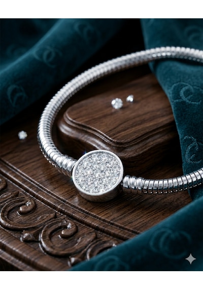 Kadın Charm İçin Uygun Yuvarlak Taşlı Model Çelik Bileklik 18 Cm Silver