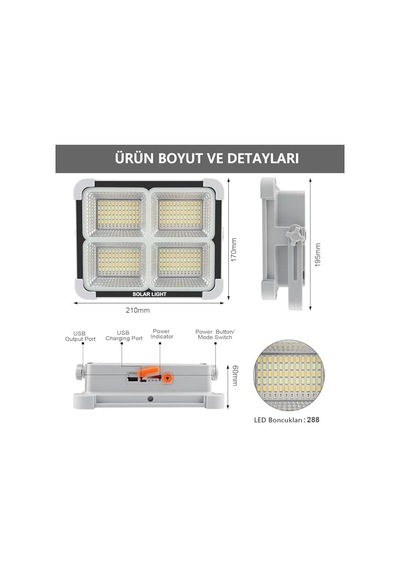 Seyyar Solar Led Projektör Gri Renk Cata 200w Güneş Enerjili Portatif Led Işık Taşınabilir Sokak Aydınlatması Ip66 Açık Lacivert