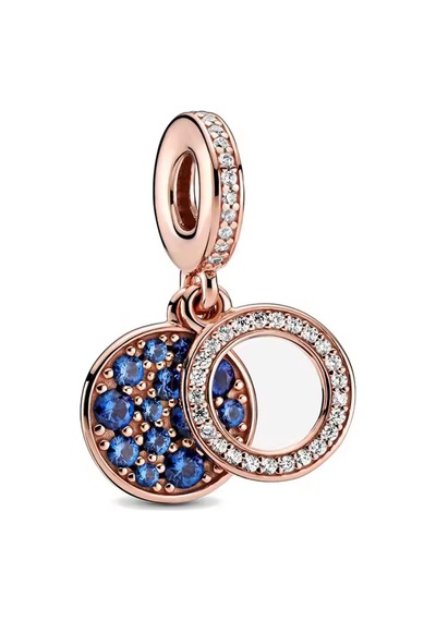 Fubena Rose Renk Lacivert Parıldayan Çift Disk Sallantılı Charm Gümüş