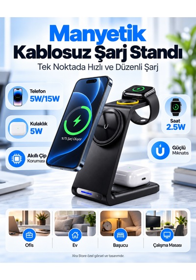 3 Ü 1 Arada 15w Manyetik Kablosuz Şarj Standı Telefon Akıllı Saat Ve Kulaklık Uyumlu Usb-c