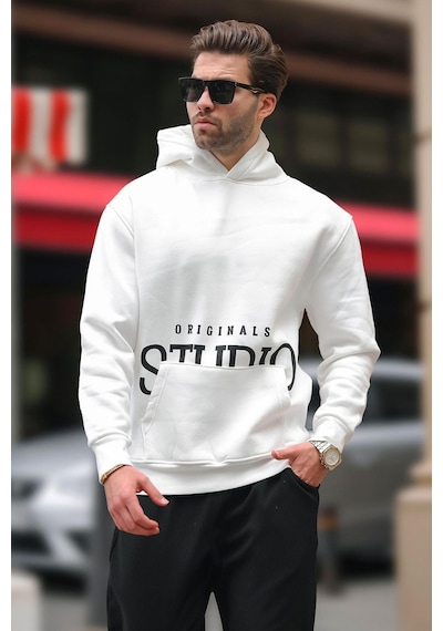Madmext Ekru Kapüşonlu Baskılı Cep Detaylı Sweatshirt E7076 Ekru