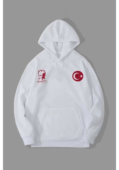 10 Kasıma Özel Üç İplik Kapşonlu Baskılı Sweatshirt - Beyaz Beyaz