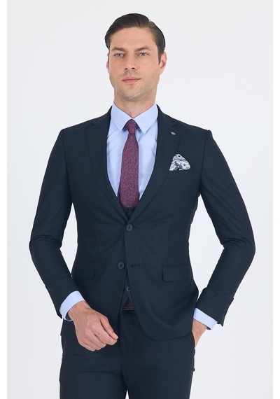 İmza Lacivert Düz Bez Ayağı Mono Yaka 2 Düğme 6 Drop Slim Fit Basic Takım Elbise 1001250186 206 Lacivert