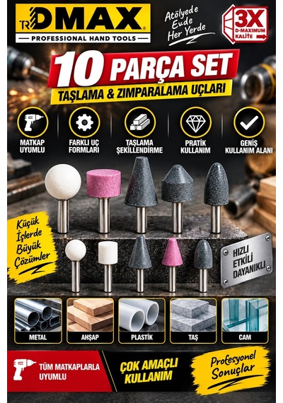 Dmax 10 Parça Taşlama Zımparalama Ve Parlatma Uç Seti Matkap Uyumlu Çok Amaçlı
