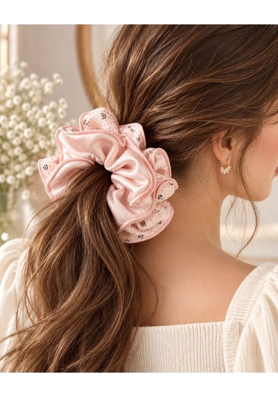 Pudra Pembe 4 Katmanlı Çiçek Desenli Fırfır Scrunchie Saç Tokası